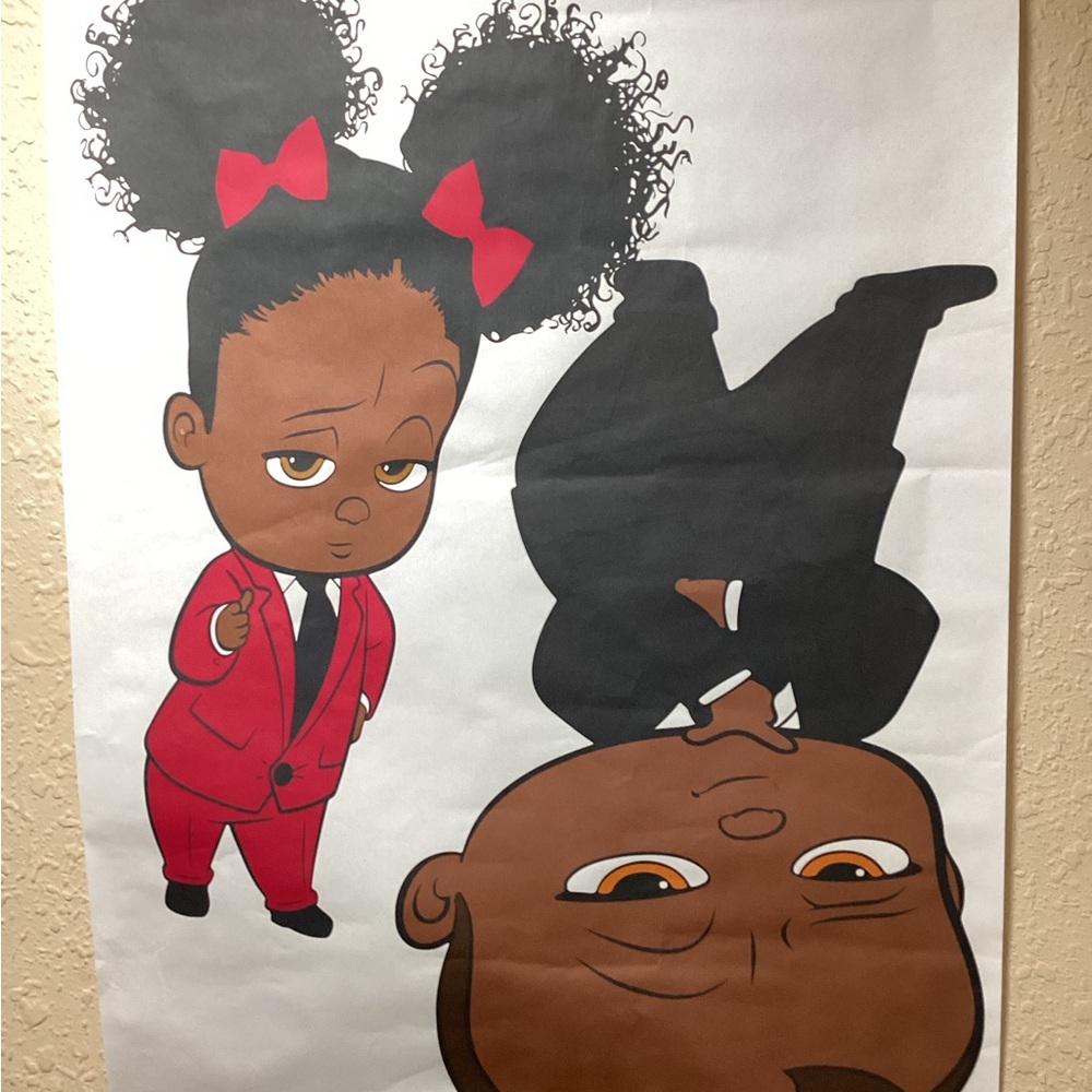 Cartoon Character Poster with Red and Black Outfits